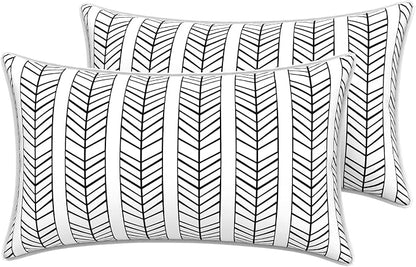 LVTXIII 2 Pack Outdoor Lumbar Pillow Covers 12x20 Inch with Piping, Water-Repellent Back Cushion Covers ONLY for Patio Furniture, Sofa, Garden Bench, Herringbone Black White