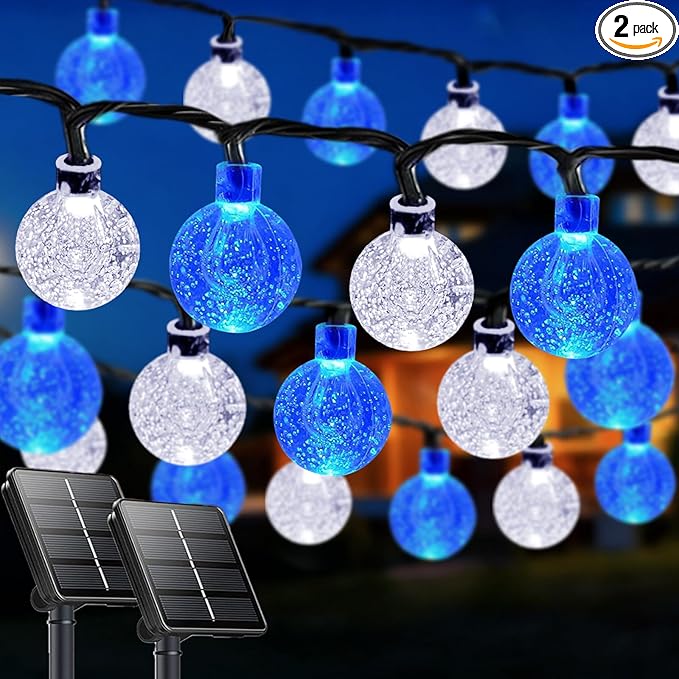 2-Pack 64FT 100 LED Blue and White Crystal Globe Solar String Lights Outdoor, Waterproof Solar Powered Lights for Outside, 8 Lighting Modes Patio Decorations for Garden Yard Wedding Porch Party Tree