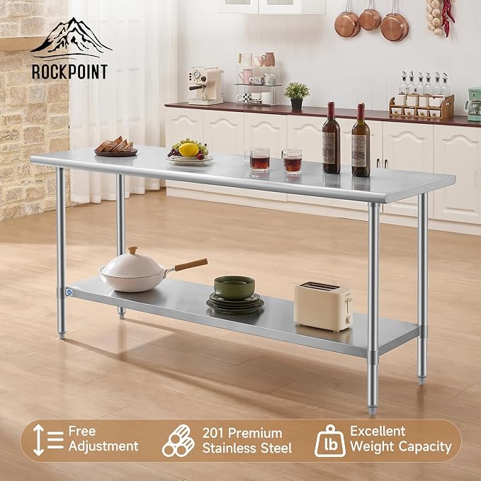 ROCKPOINT All Stainless Steel Table for Perp & Work 24x72 Inch,Commercial Heavy Duty Workbench with Stainless Legs & Adjustable Undershelf, 890 lb Capacity for Restaurant,Home and Outdoor Kitchens