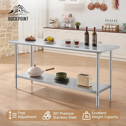 ROCKPOINT All Stainless Steel Table for Perp & Work 24x72 Inch,Commercial Heavy Duty Workbench with Stainless Legs & Adjustable Undershelf, 890 lb Capacity for Restaurant,Home and Outdoor Kitchens