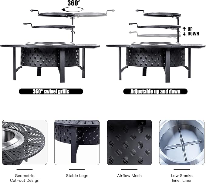 OutVue 47 Inch Smokeless Fire Pit with 2 Grills, Extra Large Wood Burning Fire Pits for Outside with Poker, Heavy Duty Firepit,BBQ& Outdoor Firepit & Round Metal Table 4 in 1 for Patio, Picnic