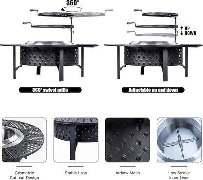 OutVue 47 Inch Smokeless Fire Pit with 2 Grills, Extra Large Wood Burning Fire Pits for Outside with Poker, Heavy Duty Firepit,BBQ& Outdoor Firepit & Round Metal Table 4 in 1 for Patio, Picnic