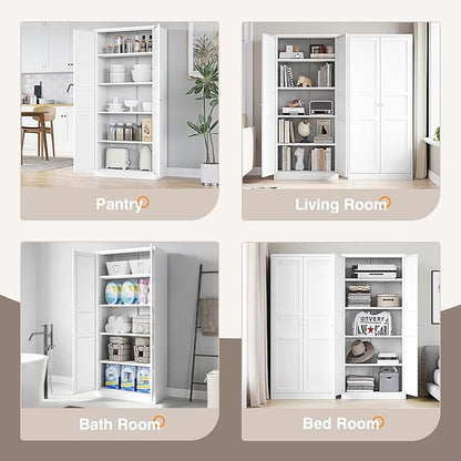 Yizosh Metal Storage Cabinet - 71" White Kitchen Pantry with 2 Doors and 5 Adjustable Shelves, 5-Tier Tall Steel Locker for Living Room, Dining Room