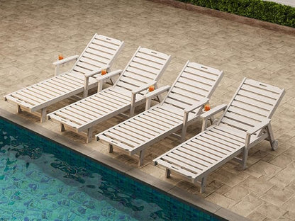 Garvee Lounge Chair Outdoor Set of 4 with Wheels & 5-Position Adjustable Backrest, Oversized Chaise Lounge with 2 Move Handle, HDPE Lounge Chair w/Detachable Cup Holder, for Patio, Pool,White