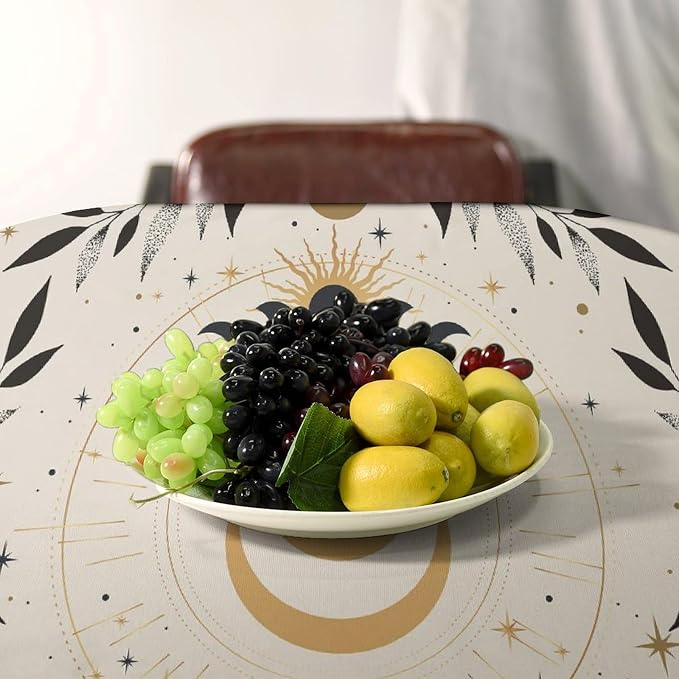 Vintage Boho Sun Moon Tablecloth Moon Phase Star Galaxy Space Wildflower Table Cloth Water Resistant Wipeable Table Cover for Farmhouse Picnic Party Holiday Kitchen Dinner Table 60"x90"