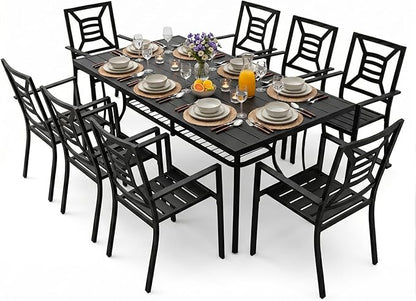 9 Pieces Patio Dining Set for 8, Large 77" Outdoor Metal Table with Universa Umbrella Hole & Stackable Iron Chairs, Patio Furniture Set for Deck, Backyard, Yard, Porch