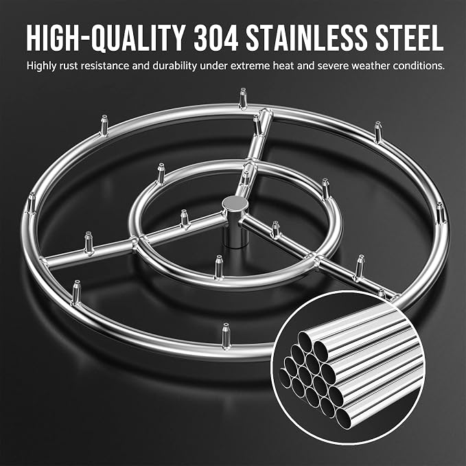 Skyflame 18 Inch Round Stainless Steel Fire Pit High Flame Burner Ring | Flame Jet Nozzles, 150,000 BTU, 1/2" NPT Inlet, 304 Stainless Steel, for NG and LP Fire pit