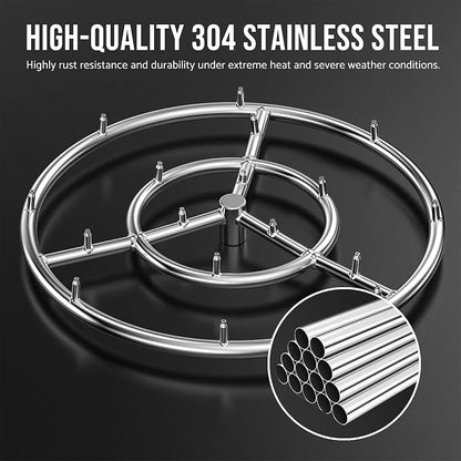 Skyflame 18 Inch Round Stainless Steel Fire Pit High Flame Burner Ring | Flame Jet Nozzles, 150,000 BTU, 1/2" NPT Inlet, 304 Stainless Steel, for NG and LP Fire pit