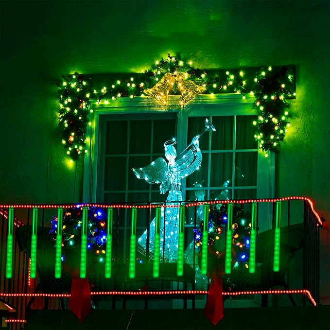 Green Meteor Shower Lights for Halloween Christmas Alien Decoration Outdoor | 16 Tubes, Equivalent to 2 Sets of 8-Tube, Green Icicle Lights for Halloween Xmas St. Patrick's Day Alien Decor, UL Plug