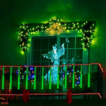 Green Meteor Shower Lights for Halloween Christmas Alien Decoration Outdoor | 16 Tubes, Equivalent to 2 Sets of 8-Tube, Green Icicle Lights for Halloween Xmas St. Patrick's Day Alien Decor, UL Plug