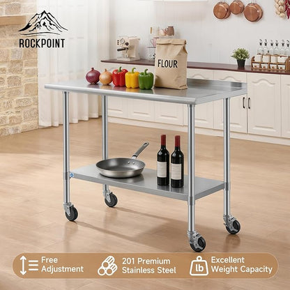 ROCKPOINT All Stainless Steel Prep Table with Caster & Backsplash 24x48 Inch，Commercial Heavy Duty Workbench with Stainless Legs & Adjustable Undershelf,830 lb Capacity for Outdoor Kitchens with Wheel