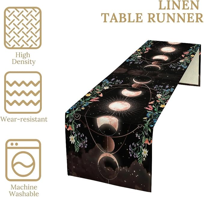 Kitchen Floral Moon Phase Table Runner for Kitchen Dining Thanksgiving Christmas Baby Wedding Party Decoration Table Decor 13x120 Inch