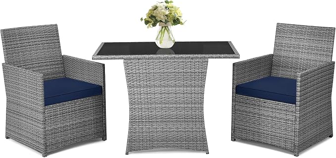 RELAX4LIFE 3-Piece Outdoor Furniture Set - All-Weather Wicker Rattan Patio Dining Set w/Tempered Glass Coffee Table & Cushions, Modern Bistro Conversation Set for Yard Balcony (Navy)