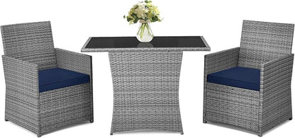 RELAX4LIFE 3-Piece Outdoor Furniture Set - All-Weather Wicker Rattan Patio Dining Set w/Tempered Glass Coffee Table & Cushions, Modern Bistro Conversation Set for Yard Balcony (Navy)