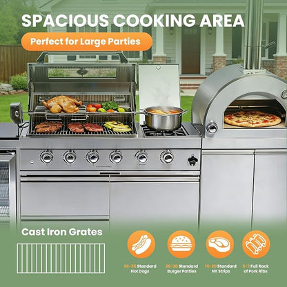 125In Stainless Steel Outdoor Kitchen Island, Propane BBQ Grill with with Standalone Side Burner Pizza Oven, Rotisserie, Refrigerator, Granite Countertop, Storage Cabinets Drawers 108000 BTU