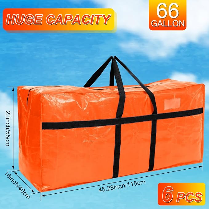 4 Pcs 66 Gallon Extra Large Moving Bags Heavy Duty Storage Bag with Strong Zipper Handle Foldable XXL Jumbo Storage Tote Packing Moving Box for College Dorm Travel Cloth Duffle (Orange)