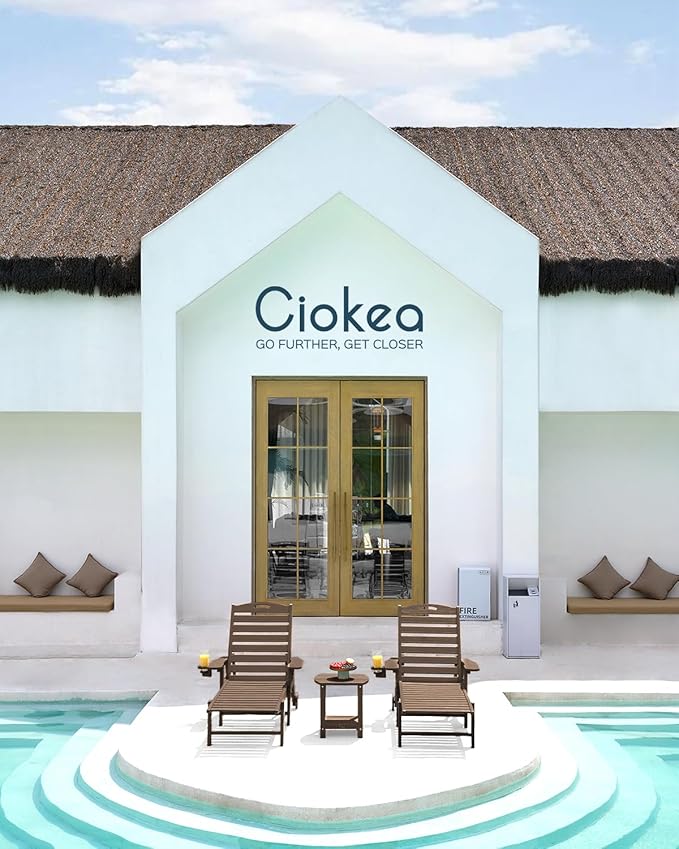 Ciokea Lounge Chair Outdoor, Oversized Chaise Lounge Chair with 5 Positions, HDPE, Patio Lounge Chair with Wheels & Cup Holder for Pool, Deck, Poolside, Dark Brown