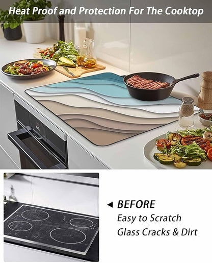 Stove Top Covers for Electric Stove 24x21 Inches, Teal Brown Ombre Cream HeatResistant Glass Cooktop Protector, Modern Geometric Sea Waves Abstract Ceramic Stovetop Countertop Covers Mat, Oven Cover