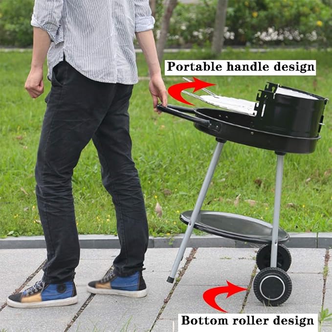 BBQ Grill,Portable Charcoal Grill for Picnic in The Park, Outdoor Large Barbecue Grill with Movable Rollers, Grill Net Height Adjustment in 4 Levels (Color : Black, Size : 52 * 49.5 * 81cm)