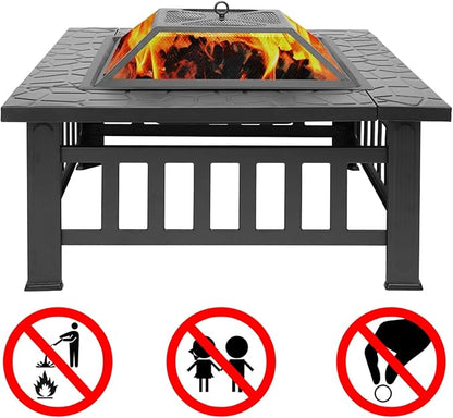 32 Inch Heavy Duty Metal Square Patio Firepit Table BBQ Garden Stove with Spark Screen Cover Log Grate and Poker for Outside Wood Burning and Drink Cooling