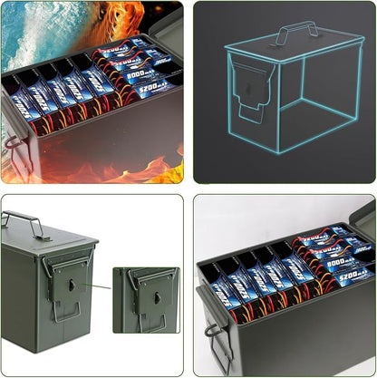 Ammo Can & Ammo Box, Fireproof & Waterproof Metal Storage Box - Perfect for Ammo, Lithium Batteries & RC Car Batteries (Without Lock, Green-12.1" 6.1" 7.5")