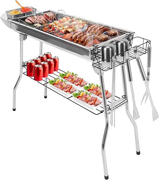 Grills Outdoor Cooking Charcoal, Kabob Grill Portable BBQ Grill Large Charcoal Grill for Picnic, Patio and Backyard Barbecue With Non-Stick Frying Pan