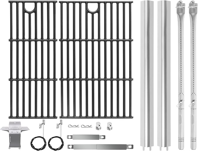 BBQ-PLUS Grill Replacement for Charbroil Performance 2-Burner 463630021 463654022 463655621 463660421, 17" Cast Iron Cooking Grates, Stainless Steel Heat Plates, Burner Tubes & Igniters Parts Kit