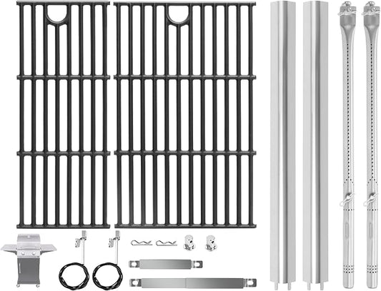 BBQ-PLUS Grill Replacement for Charbroil Performance 2-Burner 463630021 463654022 463655621 463660421, 17" Cast Iron Cooking Grates, Stainless Steel Heat Plates, Burner Tubes & Igniters Parts Kit
