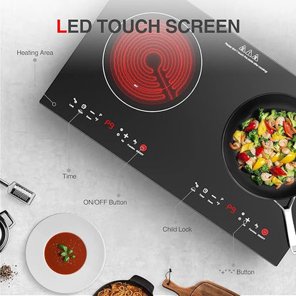 4000w Electric Cooktop, 24" Electric Stove 2 Burner Hot Plate Built-in Double Burner Cooktop with LED Touch Screen,9 Heating 9 Temperature,Kids Lock & Timer,Suitable for all Pans