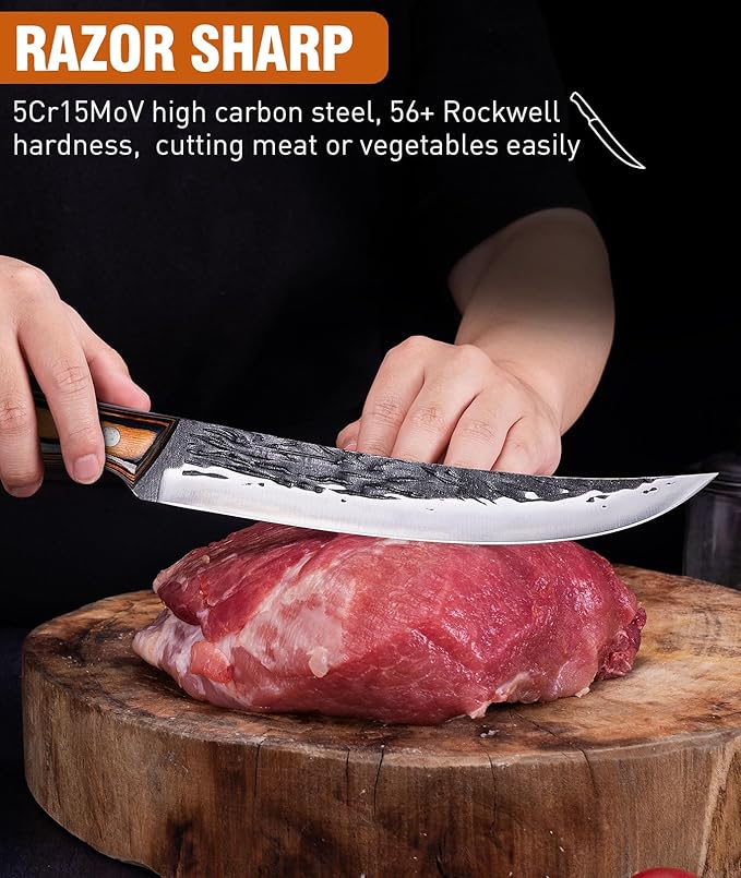 Naitesen 7PCS Hand Forged Butcher Knife and Kitchen Knife 2 in 1 Set with Roll Bag, Heavy Duty Meat Cleaver Serbian Chef Knife Breaking Knife Boning Knife for Meat Cutting BBQ Gifts for Men Women