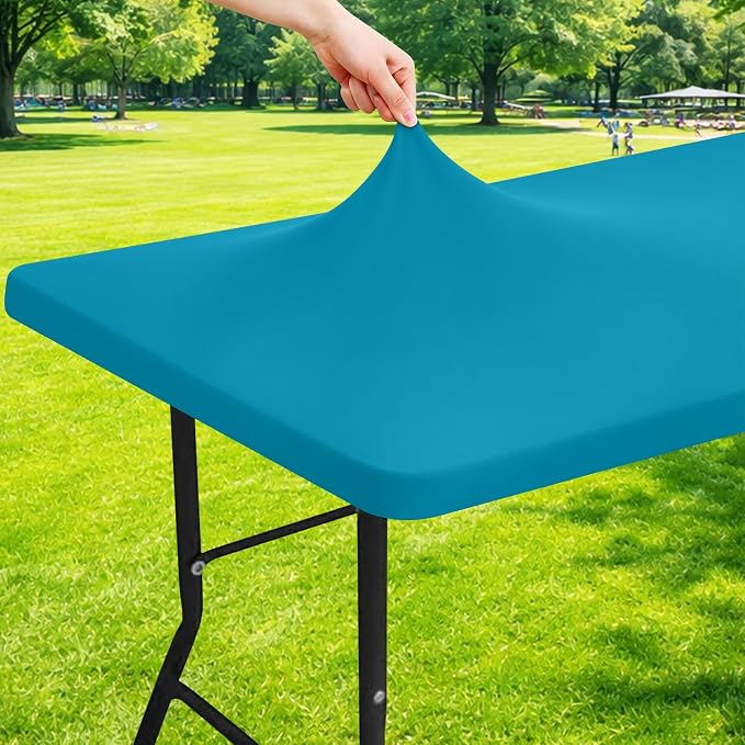Moosfor Spandex 6 Foot Rectangle Table Cloth, Elastic Fitted Tablecloths for Picnic, Stretch Washable Patio Table Cover for Outdoor, Camping, Banquet and Parties (Turquoise, 30"x72")