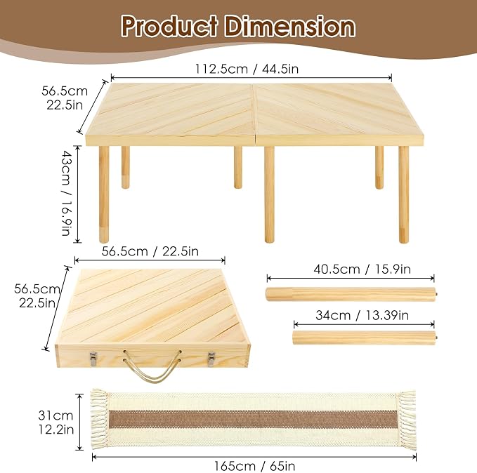 Folding Picnic Table with Table Runner, Portable Boho Low Picnic Table for Indoor Outdoor, 44" x 22" Wooden Table with Adjustable Heights for Camping, Wedding, Beach, Garden, Party(Small Size for 4)