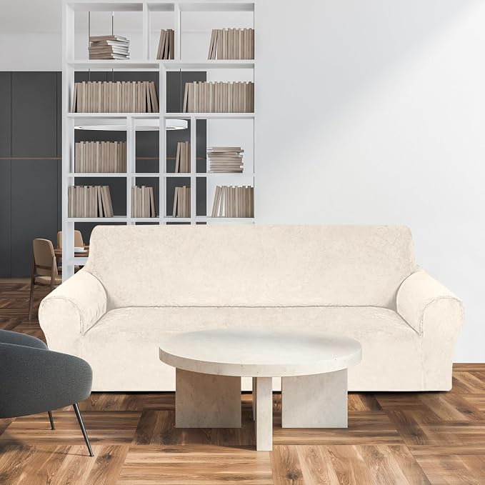 Peryiter 2 Pcs Couch and Loveseat Sofa Covers,Beige,Velvet | Armchair Covers for Living Room, Sofa Cushion Slipcover 2/3 Seater, Furniture Protector, Polyester and Spandex, Washable
