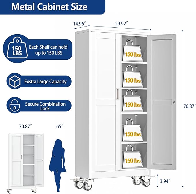 Ckzbx Metal Garage Storage Cabinet with Locking Doors and Adjustable Shelves,71" H Steel File Cabinet with Wheels for Garage,Office (White)