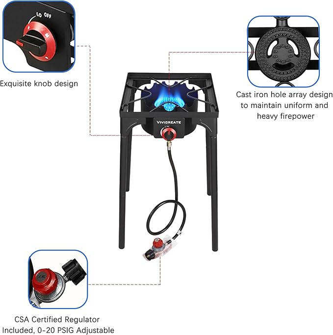 Vivicreate 30000 BTU Propane Gas Stove Outdoor Single Burner Adjustable Height with 20PSI Regulator Heavy Duty Cooker for Patio Camping Garden BBQ Fogon de Gas Estufa de Gas Portatil Parrillas