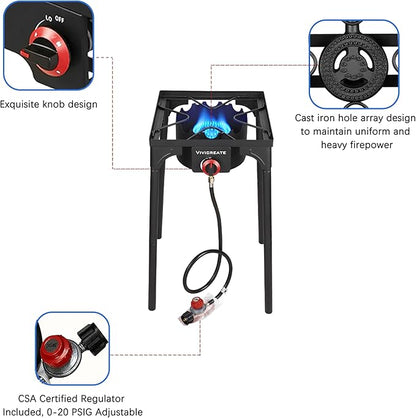 Vivicreate 30000 BTU Propane Gas Stove Outdoor Single Burner Adjustable Height with 20PSI Regulator Heavy Duty Cooker for Patio Camping Garden BBQ Fogon de Gas Estufa de Gas Portatil Parrillas