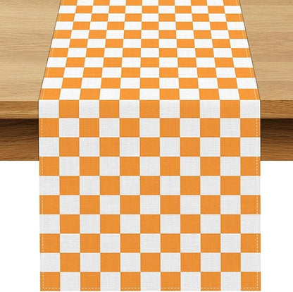 Orange White Checkered Table Runner Fall Thanksgiving Harvest Checkerboard Decoration for Wedding Birthday Bridal Baby Shower Christmas Home Party Kitchen Island Decor (Orange, 13" x 108")
