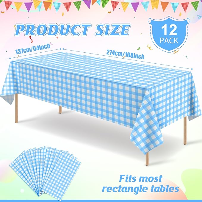 12Pcs Light Blue Gingham Tablecloths, Checkered Party Table Cover 54x108 In | Blue and White Checkered Tablecloths Disposable Waterproof for Baby & Bridal Shower Picnic Camping Birthday Outdoor Tea Party
