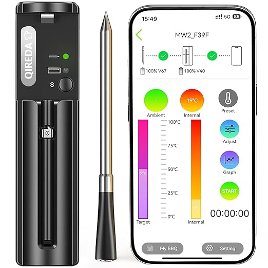 Wireless Meat Thermometer Digital with 800ft Remote Range, Bluetooth 5.3 Wireless Thermometer for Cooking with Ambient Temperature and App Alert for Oven BBQ Grilling Smoking