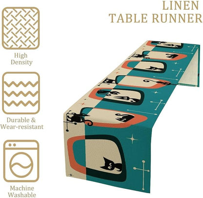 Mid Century Style Table Runner,Black Cat Modern Abstract Geometric Vintage Colorful Shape Pattern for Kitchen Coffee/Tea Table Dinner Room 13x60in