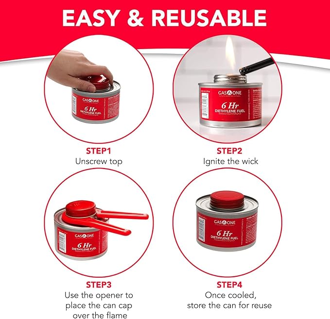 Gas One 6 Hour Chafing Fuel - Food Warmer for Chafing Dish Buffet Set - Liquid Safe Fuel With Wick & Lid Opener for-Chafing Dish,(Pack of 48)