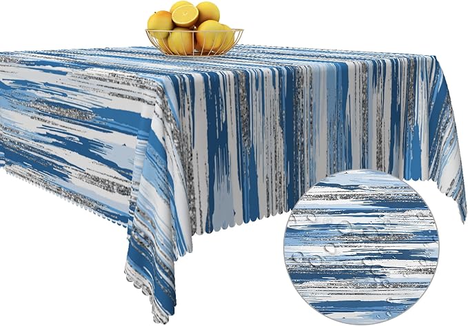 Abstract Striped Square Tablecloth 60x60 Inch Blue and White Old Texture Grunge Stripes Vintage Mosaic Dust-Proof Table Cover Protector for Home Kitchen Restaurant Picnic Camping BBQ