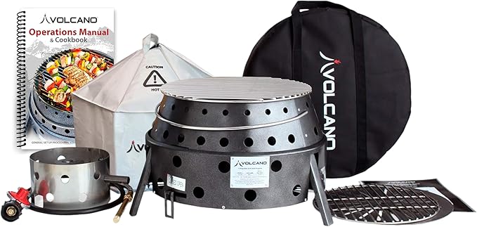 Volcano Tri-Fuel Collapsible Portable Grill & Stove with Lid–Propane, Charcoal &Wood, 19,500 BTU Burner,Heat-Safe Footprint,13"Cooking Surface, Carry Bag for Camping, Tailgating&Emergency Preparedness