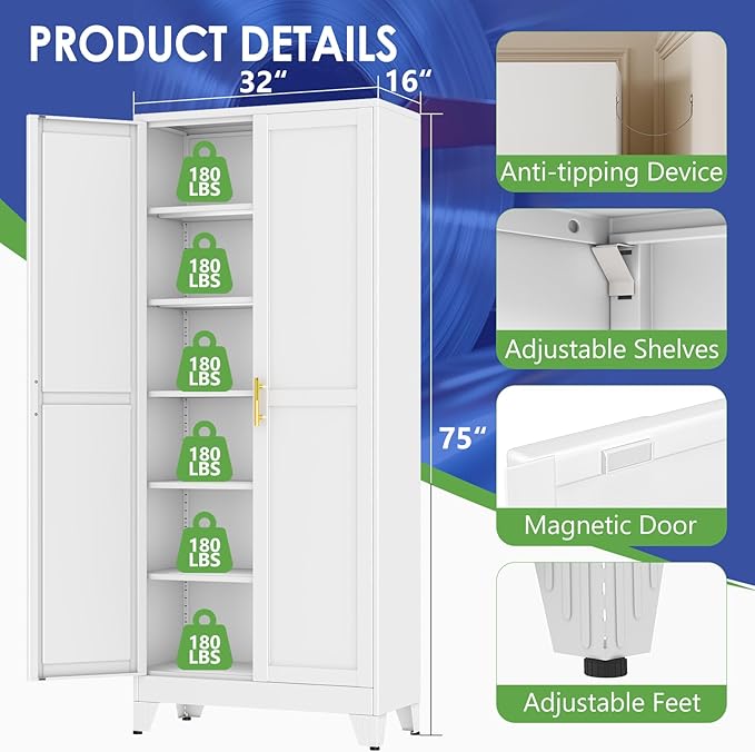 75" Metal Garage Storage Cabinet with 2 Doors and 5 Adjustable Shelves,Metal Storage Cabinets,Steel Tool Cabinets for Home,Office,Garage,Warehouse, Widen (White, 75''H x 32''W x 16''D-B)