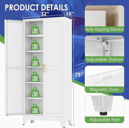 75" Metal Garage Storage Cabinet with 2 Doors and 5 Adjustable Shelves,Metal Storage Cabinets,Steel Tool Cabinets for Home,Office,Garage,Warehouse, Widen (White, 75''H x 32''W x 16''D-B)
