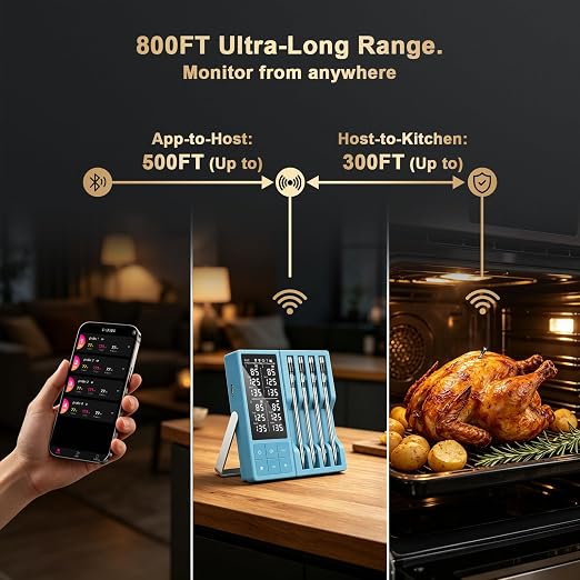 Wireless Meat Thermometer Digital - 800FT Bluetooth Food Thermometer for Cooking, NIST Certified Accuracy, Instant Read Thermometer Standalone Base for Grill BBQ Oven Smoker (Blue)