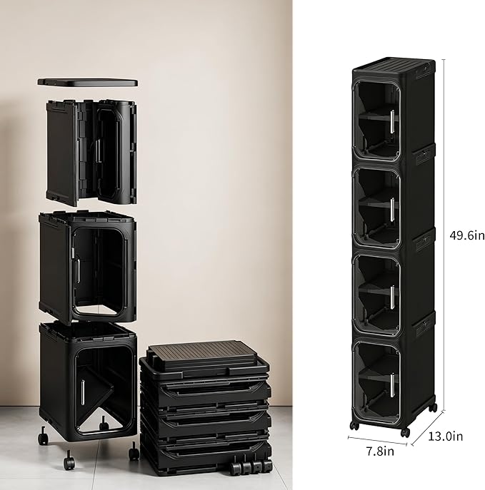 LXLXXL 4-Tier Narrow Storage Cabinet Slim Bathroom Storage Cabinet with Movable Wheels Tall Bathroom Organizer Skinny Cabinet for Small Spaces，Black