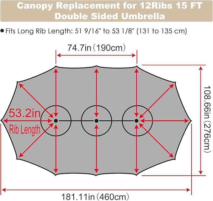 15ft Double Sided Patio Umbrella Replacement Canopy,12 Ribs Umbrella Replacement Top Cover,Frame NOT Included