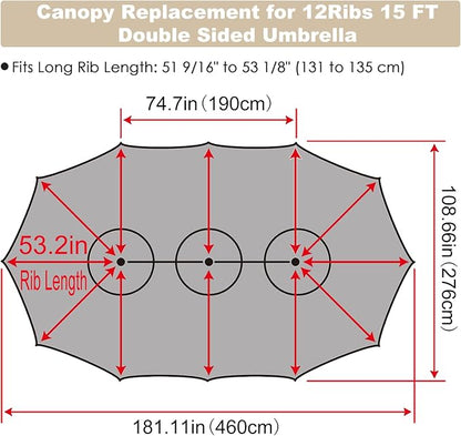 15ft Double Sided Patio Umbrella Replacement Canopy,12 Ribs Umbrella Replacement Top Cover,Frame NOT Included