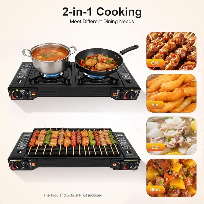Portable Butane Camping Stove, 2 Burners Camping Stove with Non-sticking Coating Grill Tray & Storage Case, Piezoelectric Ignition Stove for Camping, Picnics, BBQ, LPG & Butane Compatibility